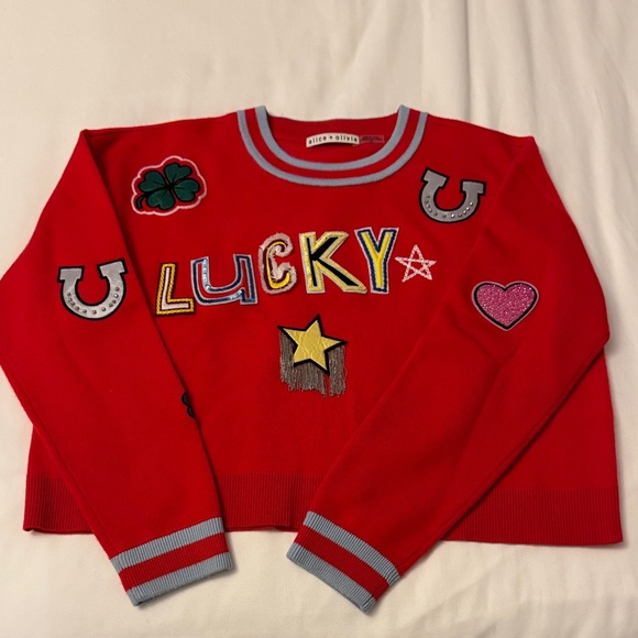 Alice + Olivia Red Sweater with Colorful Patches - Picture 1 of 15